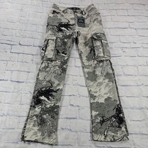 Rebel Vengeance Tapestry Cargo Pants Men 28 Gray Skeleton Horseman Fringe Gothic